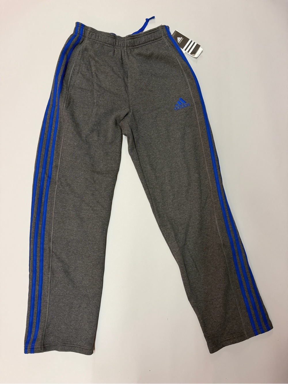 NWT Adidas Men Charcoal Gray Track Pants with Blue Stripes Size S